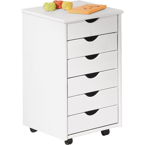 Paris Prix – Caisson de bureau 6 tiroirs sur roulettes – Dimensions L. 35 x P. 40 x H. 65 cm – Matière pin massif – Bois teinté blanc (1/4)