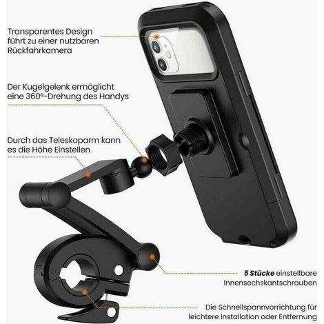 Supporto per cellulare da bicicletta, impermeabile, compatibile con touchscreen, girevole a 360°, regolabile in altezza fino a 17 cm, per moto/bicicletta, colore nero. (1/4)