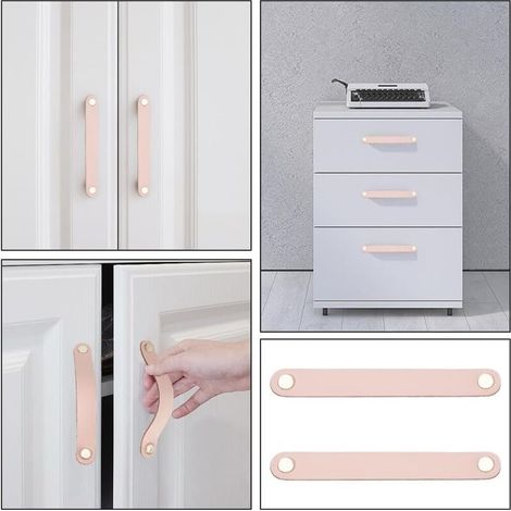 Set di 4 maniglie per ante di mobili in ottone e pelle rosa, lunghe 160 mm, con viti, adatte per armadi e cucine. (1/4)