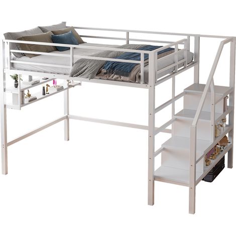 Lit mezzanine 140x200 avec étagères, escalier de rangement, espace ouvert sous le lit, garde-corps sécurisé pour enfant, métal blanc, pour chambre enfant - CHICFURN (1/5)