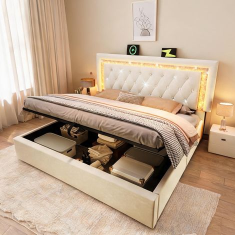 Cadre de lit beige en velours 209 x 187 x 104 cm (1/5)