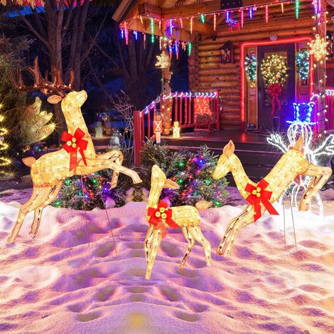 GOPLUS Decoration Noel Exterieur Lumineuses LED, Set Familial de Rennes Wapiti Noël avec 255 Lumières Blanc Chaud & 12 piquets de Terre pour Vitrine,Pelouse (1/5)