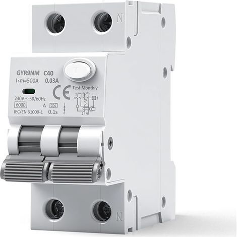 Disjoncteur différentiel 30mA 40A Type A 1P+N RCBO 6KA Interrupteur Différentiel 40A MCB AC 230V avec protection contre les courants de fuite, les surcharges et les courts-circuits (1/5)
