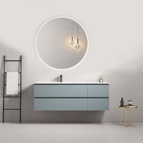 Mobile bagno sospeso 140 cm Blu Avio Lavabo a Sinistra in Resina Specchio Tondo Retroilluminato - Fiji Paint (1/4)