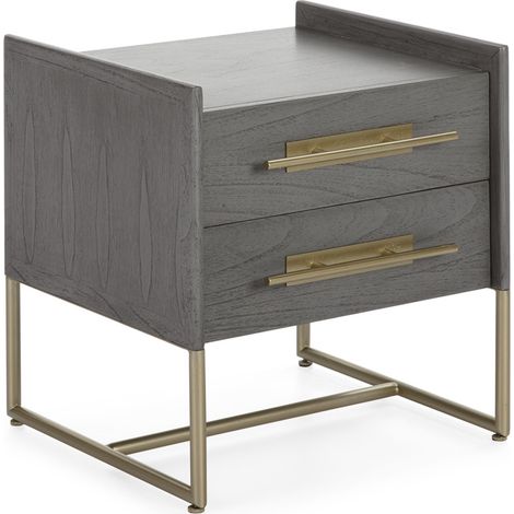 Nachttisch 2 Schubladen 50X45X54 Mindiholz ​​Grau/Goldenes Metall (1/5)
