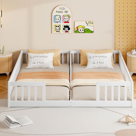 Lit évolutif 2x90x200cm - lit enfant avec grille, sans sommier à lattes et matelas - bois de pin, blanc (1/4)