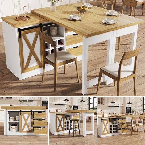 Îlot de cuisine multifonctionnel avec table à manger extensible et réglable, style portes de grange, nombreux rangements avec tiroirs et casier à bouteilles amovible, buffet de cuisine, 120-197 cm (1/5)