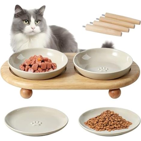 Gamelle Chat Surélevée en Céramique avec Support en Bois, Gamelle pour Chat Surélevée, Set avec 2 Bols Profonds + 2 Assiettes Plates, pour Eau et Nourriture pour Chats (1/5)