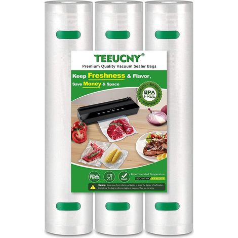 Sac Sous Vide Alimentaire, 3 Rouleaux 28x400cm Rouleau Sacs Machine Sous Vide Alimentaire, Sans BPA, Sac de Congelation Sous Vide, pour Conservation des Aliments la Cuisson (1/5)