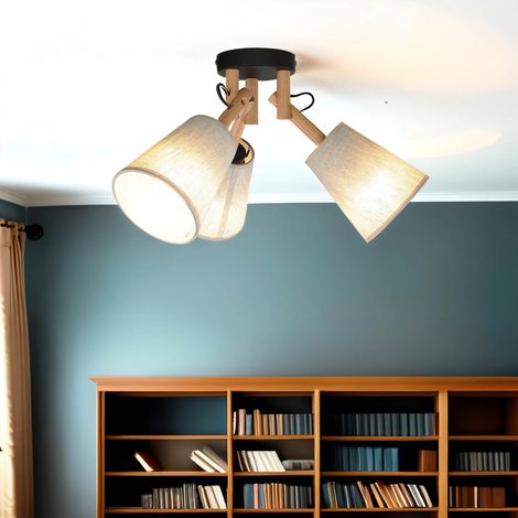 Deckenlampe E27 3-flammig Stoff Holz Metall B: 46 cm H: 30 cm Deckenleuchte Wohnzimmer Esszimmer