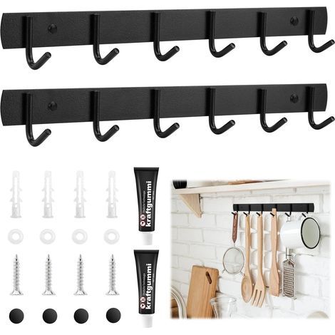 UNINGYI Set of 2 Kitchen Hooks with 6 Stainless Steel Hooks - 32 cm - For Bathroom, Living Room and Hallway - Black (1/5)
