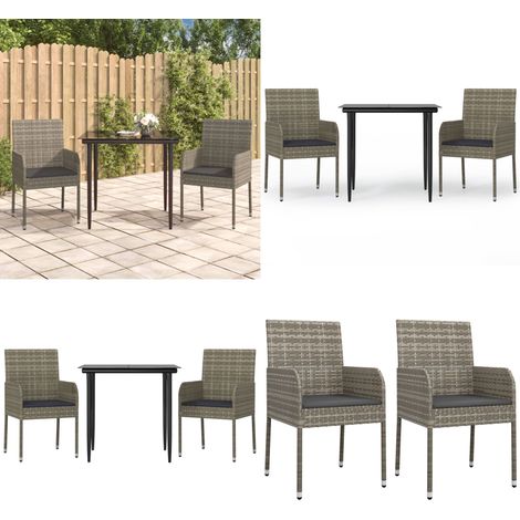 3-tlg. Garten-Essgruppe mit Kissen Schwarz und Grau Poly Rattan - Gartenessgruppe - Rattanmöbel (1/5)