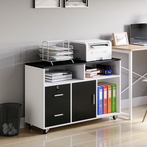 Support pour imprimante avec tiroirs. Meuble multifonction pour le bureau et la maison. Noir et blanc. 100 x 35 x 65 cm (1/5)