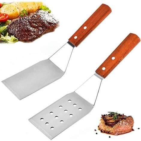 2-Piece BBQ Spatula, Stainless Steel Spatula Set, Metal Spatula, Perforated Stainless Steel Grilling Spatula with Wooden Handle for Teppanyaki, BBQ, Steak, Pizza (1/5)