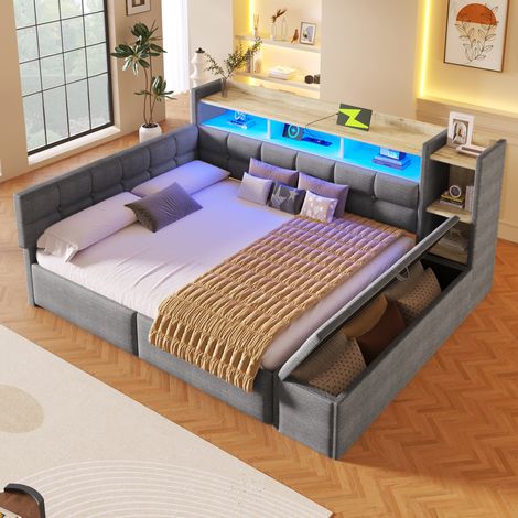 Lit banquette - Coffre hydraulique, LED, USB - 140x190 cm - 2 Tiroirs, Niche de Rangement, Banc Coffre au Pied - Gris (1/5)