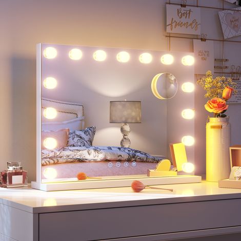 SONNI Hollywood Spiegel mit Beleuchtung mit Bluetooth, 15 Dimmer Leuchten 3 Lichtmodus Schminkspiegel mit Beleuchtung, USB-Funktion und Lupe 58×45 cm