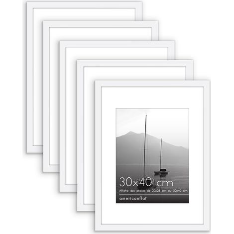 Cadre Photo 30x40 cm Blanc - Cadre Photo 22x28 cm avec Passe-Partout ou 40x30 cm sans Passe-Partout - Matériel de Suspension en Dents - Lot de 5 (1/5)