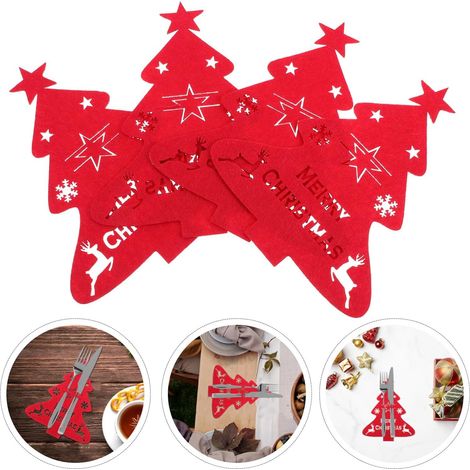 4pcs Couverts Élan Noël Set Fourchette et Couteau Déco Table Argentier Support Couverts Fête Sapin Housse Couverts Tissu Feutrine Rouge (1/3)