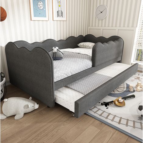 Lit simple 90x190 avec lit gigogne en lin gris HAVRYA (1/5)