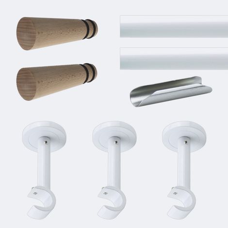 Kit de tringle à rideaux Blanc 300cm Diam.20mm Embout Cône Bois - Fixation Mur - Boulet (1/3)