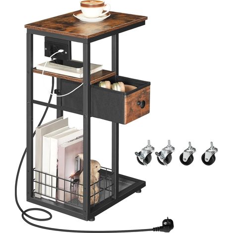 Table d’Appoint en C avec Multiprise (1 AC, 1 USB-A, 1 Type-C) et 1 Tiroir, Table de Chevet, avec 4 roulettes et 4 Pieds Réglables, pour Chambre, Salon, Marron Rustique et Noir (1/5)