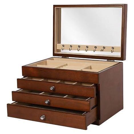 Boîte à bijoux série avec miroir, 4 couches, en bois massif, 3 tiroirs, pour bagues, boucles d'oreilles, bracelets, colliers (couleur bois) (1/5)