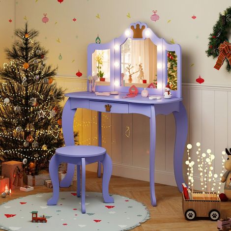 Set de coiffeuse pour enfants avec miroir éclairé, table et tabouret, miroir pliant 3 parties, luminosité réglable, pour 3-7 ans - violet (1/5)