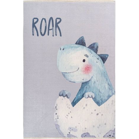 Tapis enfant dinosaure roar doux antidérapant lavable - gris clair pastel avec dinosaure bleu (1/3)