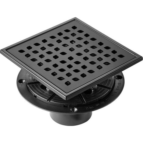 VEVOR Siphon Sol 152,5x152,5 mm Caniveau Douche Italienne avec Grille a Motif Carre en Acier Inoxydable 304 Brosse 48 L/min Filtre a Debris a Cheveux Drain de Sol avec Pieds de Nivellement, Noir Mat (1/5)