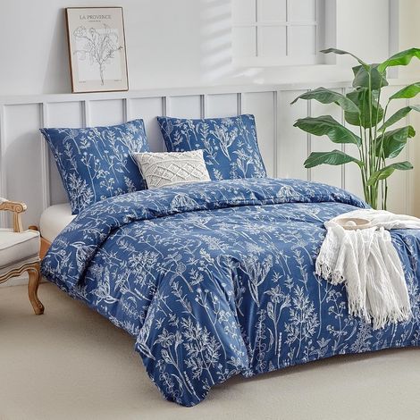 Housse de Couette 220x240 avec 2 Taies d'oreiller 65x65 cm - Motifs Floraux Dessinés à la Main - Parure de lit 220x240 Adulte - 100% Microfibre Parure Couette Fermetures éclair, Bleu Foncé (1/5)