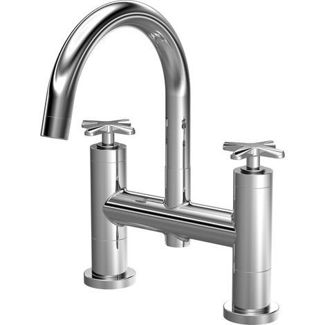 Balterley Levedale Deck Mounted Bath Filler Tap with Dual Crosshead Handles and High Curved Spout - Polished Chrome Finish