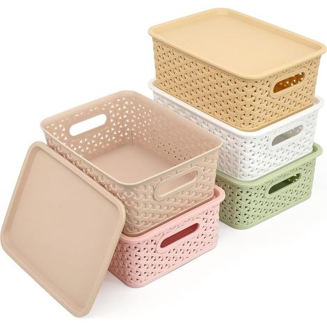 Set of 5 Storage Boxes with Lid, 4 Litre Small Storage Basket, Rattan Look, Stackable PP Plastic, Organizer, Stackable Baskets with Handles, 25 x 17 x 10.5 cm (1/5)