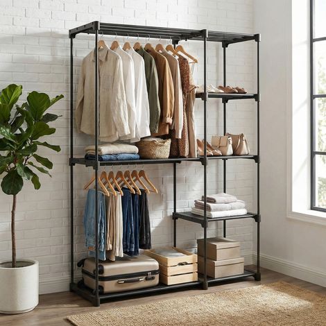 Armoire, Penderie, Portant à Vêtements avec Étagères, Tringles de Suspension, Rangement Vêtements, pour Vestiaire, Chambre à Coucher, 112,1 x 43,1 x 165,1 cm, Noir (1/5)