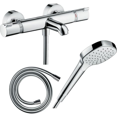 HANSGROHE Pack mezclador termostático para baño-ducha Ecostat Comfort + flexo Isiflex 160 cm + rociador Croma Select E EcoSmart blanco/cromo