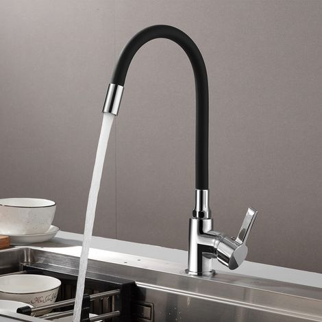 Robinet de Cuisine Flexible Bec Haut Orientable Librement Mitigeur Évier Flexible Laiton Chromé et Noir Robinet Evier Monotrou à Eau Chaude et Froide (1/5)