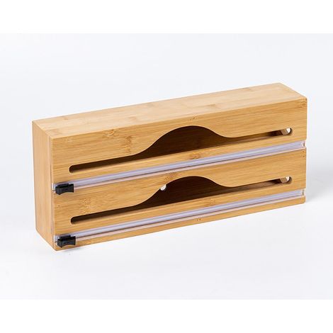 Bambus-Spender für Frischhaltefolie, 2 Rollen, Schublade, Folienschneider, Etui, Maße 14 x 33 x 7 cm, Natur