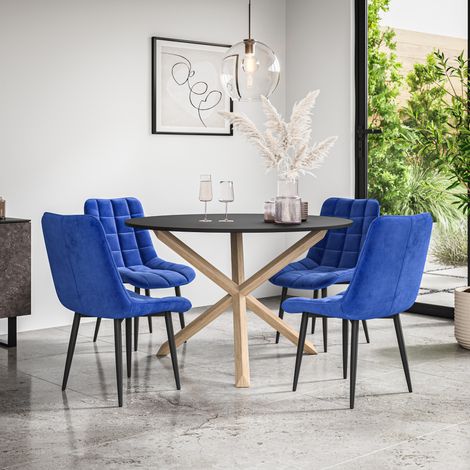 Malvern Round Dining Table And Chairs -  Black Table Top w Solid Oak Legs + Nova Velvet Dining Chair Set Of 4 (Blue) (1/5)