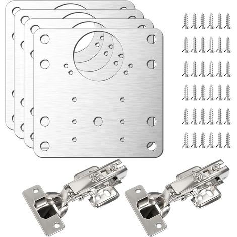 Lot de 4 plaques de fixation de réparation de charnière de porte d'armoire avec 2 charnières 90 x 90 mm pour étagères en bois, portes, armoires (1/5)