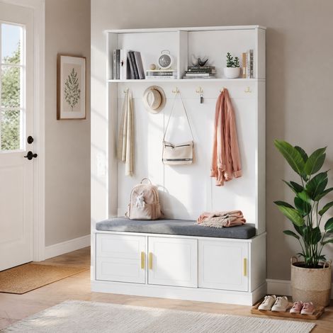 Guardaroba da ingresso con panca portascarpe, 6 ganci, 120 x 40 x 191 cm, bianco DESVIAE (1/5)