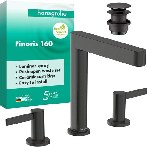 Mitigeur de lavabo 3 trous avec vidage Push-Open, Robinet de salle de bain avec hauteur sous bec 169 mm, max. 5l/min, Noir chromé brossé, 76034340 (1/5)