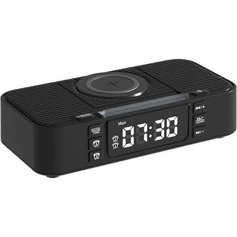 Enceinte Bluetooth portable avec chargement sans fil, éclairage d'ambiance, horloge et fonction alarme, double haut-parleur et chargement USB. (1/5)