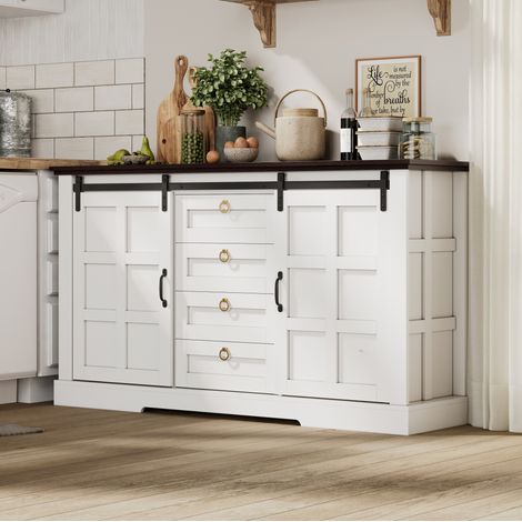 Credenza in MDF con ante scorrevoli e 4 cassetti, bianca, 150x40x85 cm (1/5)