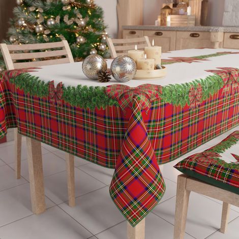 Nappe de Noël Anti-Taches Rectangulaire Couvre-Table pour Cuisine, Motif Nœud Tartan X6 Places (140 x 180 cm) 100% fabriqué en Italie (1/5)