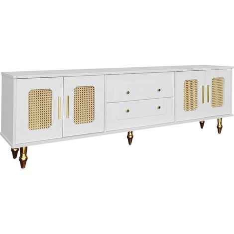 Meuble TV bas blanc 175 x 38 x 55,5 cm avec portes en résine tressée, tiroirs push-to-open et pieds dorés, rangement spacieux - CHICFURN (1/5)