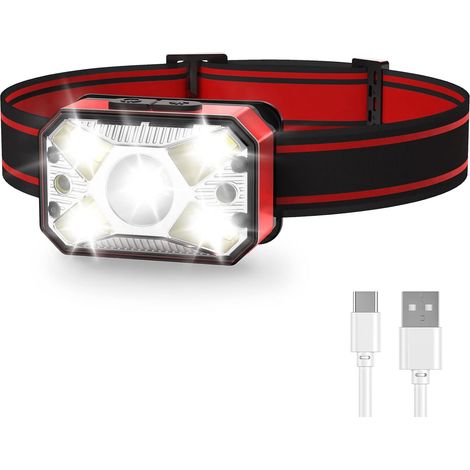 Lampe frontale LED rechargeable, lampe frontale de camping, étanche, super lumineuse, lampe frontale de randonnée pour course à pied, lumière rouge et détecteur de mouvement (rouge)-Ensoleillé (1/5)