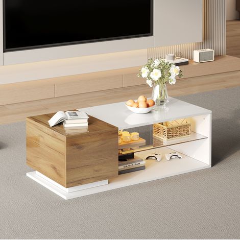 REDOM - Table basse 105x50x36 cm, LED 29 modes, rangement avec étagères latérales, panneau de particules, blanc et chêne (1/5)
