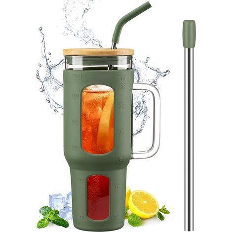 Gobelet 1,4 L avec Poignée, Couvercle Bambou & Pailles vert