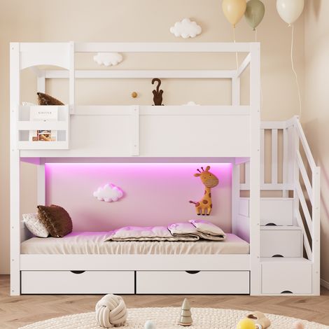 Lit mezzanine enfant 90x200 cm avec bureau d'angle 151,5 cm, escalier de rangement, étagères, 2 tiroirs, EN 747, pin, contreplaqué et MDF, blanc (1/5)