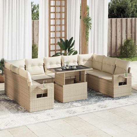 Ensemble Salon Jardin 10 Places Résine Tressée Beige avec Table Verre et Coussins Lavables (1/4)