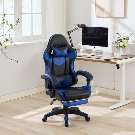 Fauteuil de gaming ergonomique pivotant à 360° (style Racing) – Chaise de bureau à dossier haut en cuir – Chaise de travail réglable en hauteur avec repose-pieds, appui-tête et soutien lombaire, pour 